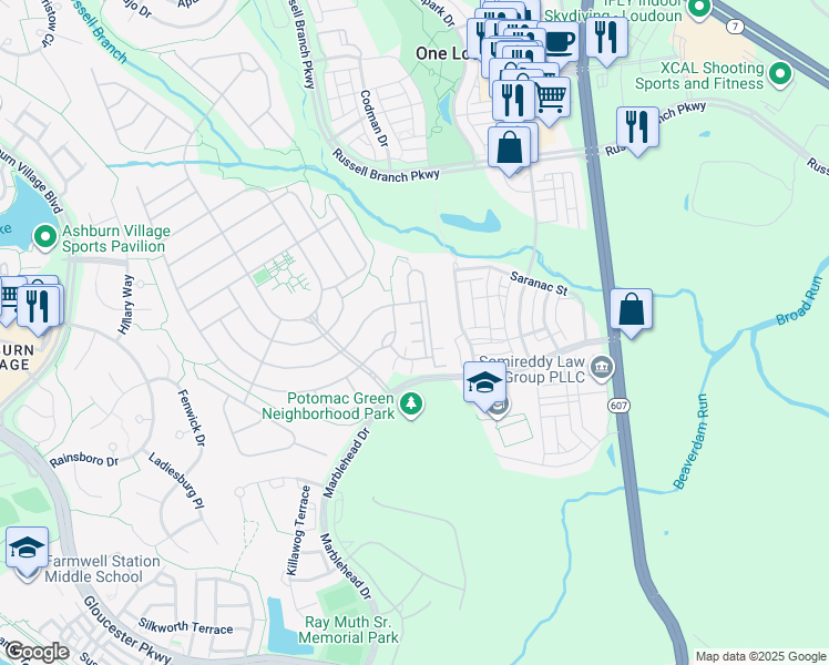 map of restaurants, bars, coffee shops, grocery stores, and more near 20515 Little Creek Terrace in Ashburn