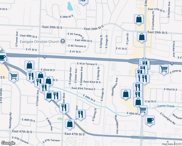 map of restaurants, bars, coffee shops, grocery stores, and more near 4117 South Mc Coy Street in Independence