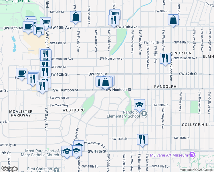 map of restaurants, bars, coffee shops, grocery stores, and more near 1220 Southwest Oakley Avenue in Topeka