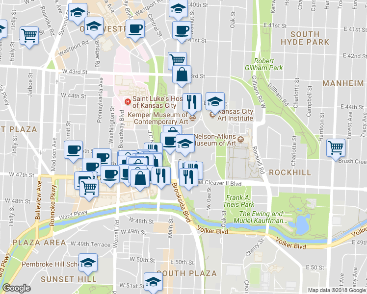 map of restaurants, bars, coffee shops, grocery stores, and more near 4535 Main Street in Kansas City