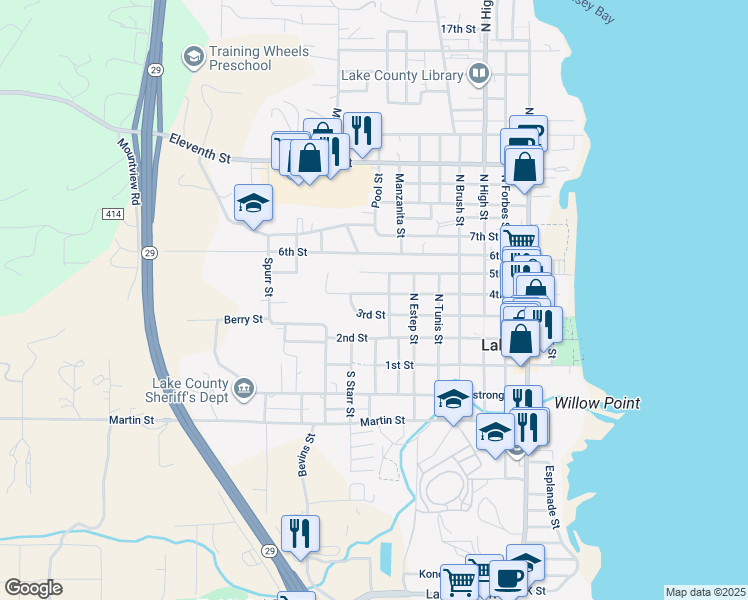 map of restaurants, bars, coffee shops, grocery stores, and more near 771 4th Street in Lakeport