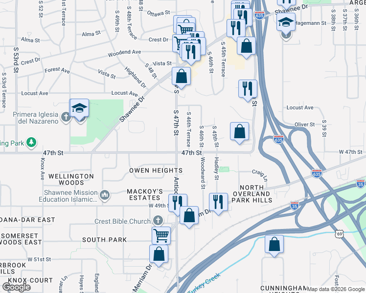 map of restaurants, bars, coffee shops, grocery stores, and more near 3121 South 47th Street in Kansas City
