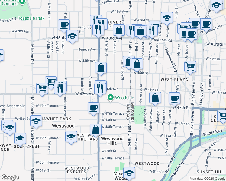 map of restaurants, bars, coffee shops, grocery stores, and more near 4520H Eaton Street in Kansas City