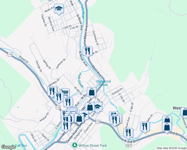 map of restaurants, bars, coffee shops, grocery stores, and more near N Main St in Weston