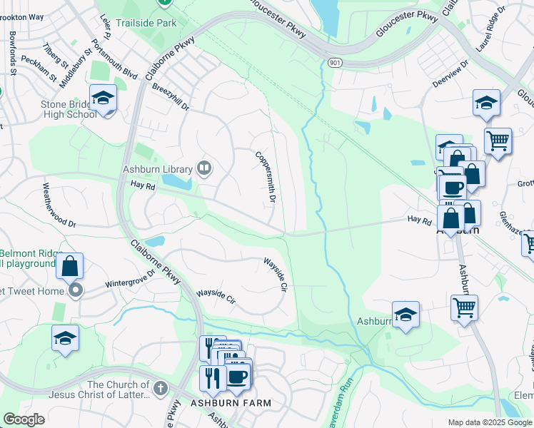 map of restaurants, bars, coffee shops, grocery stores, and more near 20667 Coppersmith Drive in Ashburn
