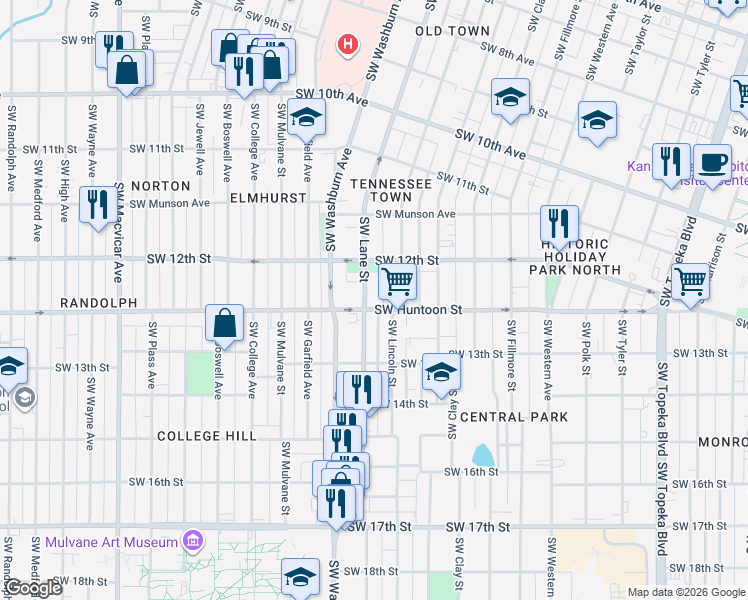 map of restaurants, bars, coffee shops, grocery stores, and more near 1238 Southwest Lane Street in Topeka