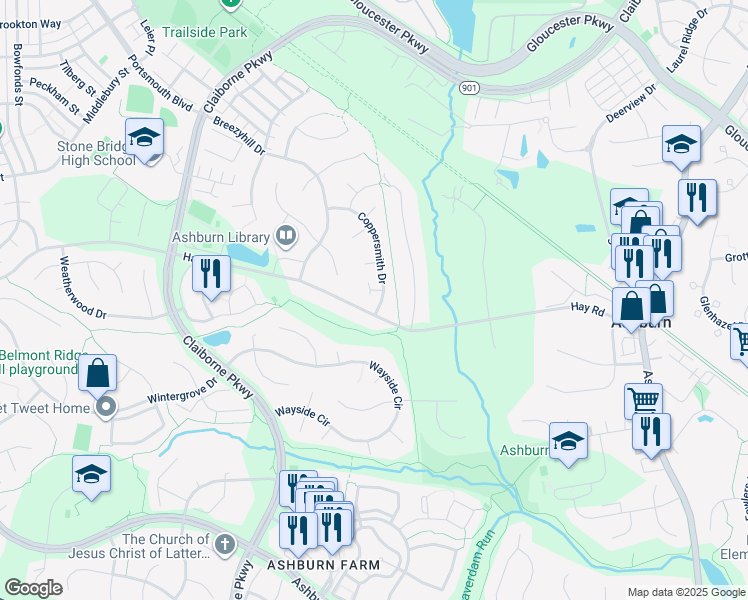map of restaurants, bars, coffee shops, grocery stores, and more near 20667 Coppersmith Drive in Ashburn