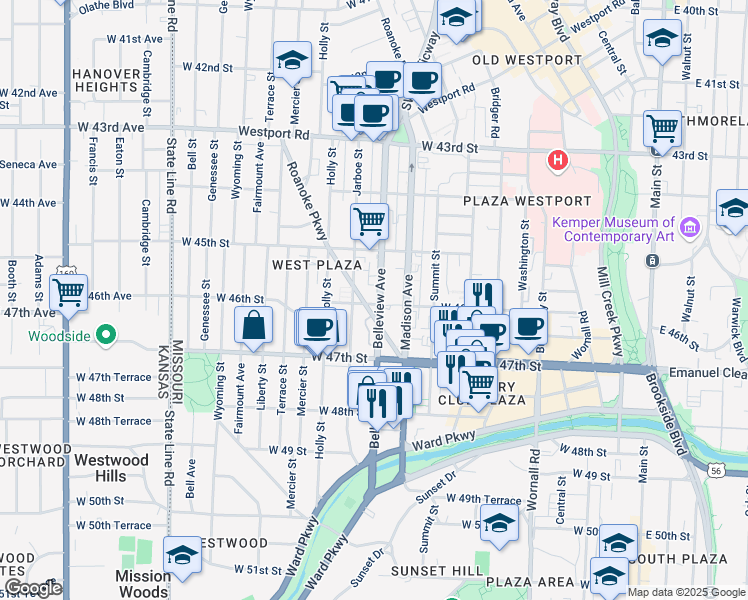 map of restaurants, bars, coffee shops, grocery stores, and more near 4528 Belleview Avenue in Kansas City
