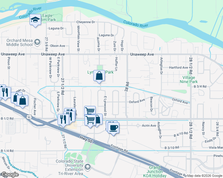 map of restaurants, bars, coffee shops, grocery stores, and more near 276 Huffer Lane in Grand Junction