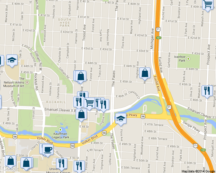 map of restaurants, bars, coffee shops, grocery stores, and more near 4503 Virginia Avenue in Kansas City