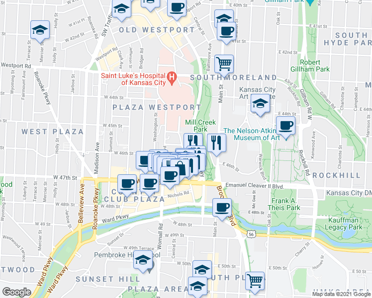 map of restaurants, bars, coffee shops, grocery stores, and more near 300 West 45th Terrace in Kansas City