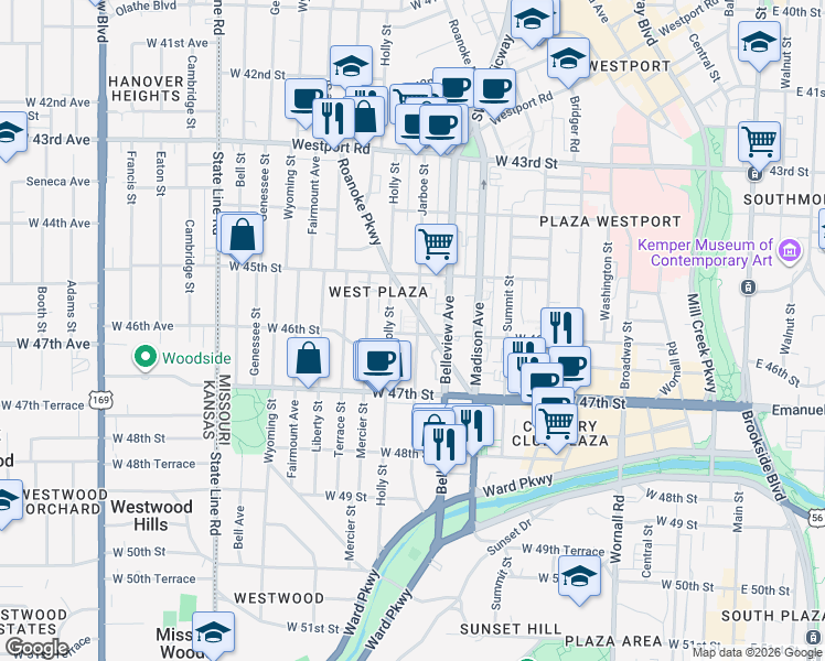 map of restaurants, bars, coffee shops, grocery stores, and more near 4529 Holly Street in Kansas City