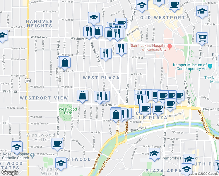 map of restaurants, bars, coffee shops, grocery stores, and more near 4529 Holly Street in Kansas City