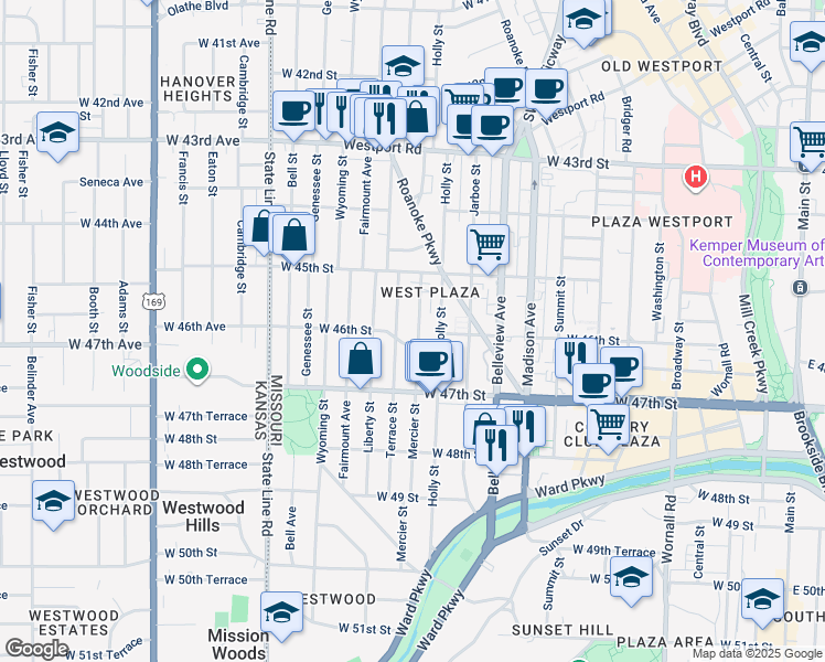 map of restaurants, bars, coffee shops, grocery stores, and more near 4535 Terrace Street in Kansas City
