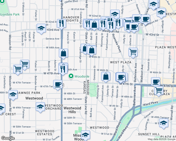 map of restaurants, bars, coffee shops, grocery stores, and more near 4541 Bell Street in Kansas City