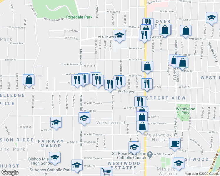 map of restaurants, bars, coffee shops, grocery stores, and more near 4604 Fisher Street in Kansas City