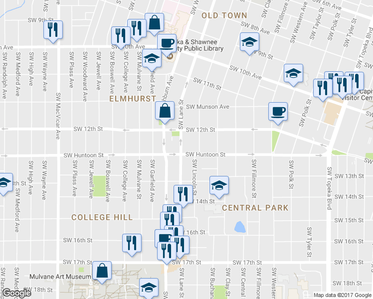 map of restaurants, bars, coffee shops, grocery stores, and more near 1232 Southwest Lane Street in Topeka