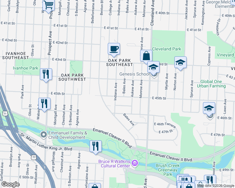 map of restaurants, bars, coffee shops, grocery stores, and more near 4426 Indiana Avenue in Kansas City