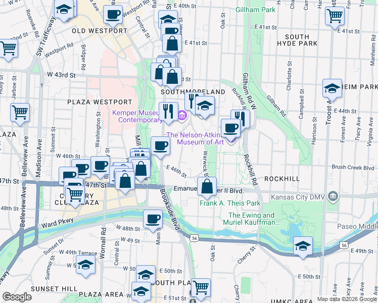 map of restaurants, bars, coffee shops, grocery stores, and more near 4515 Walnut Street in Kansas City