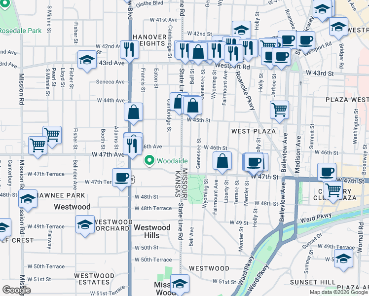 map of restaurants, bars, coffee shops, grocery stores, and more near 4541 Bell Street in Kansas City