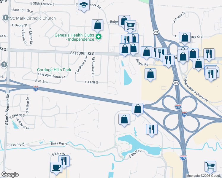 map of restaurants, bars, coffee shops, grocery stores, and more near 17409 East 41st Street South in Independence