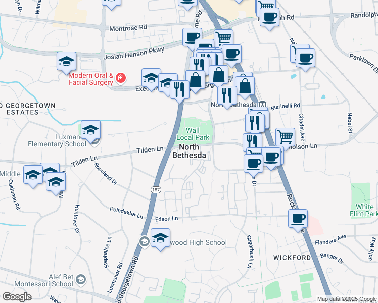 map of restaurants, bars, coffee shops, grocery stores, and more near 5833 Tudor Lane in Rockville