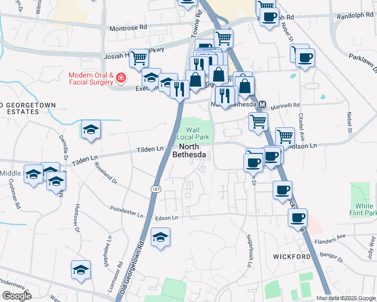 map of restaurants, bars, coffee shops, grocery stores, and more near 5833 Tudor Lane in Rockville