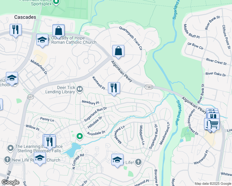 map of restaurants, bars, coffee shops, grocery stores, and more near 47061 Kentwell Place in Sterling