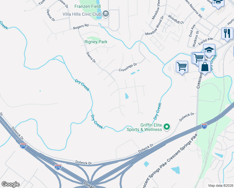 map of restaurants, bars, coffee shops, grocery stores, and more near 2500 Sierra Drive in Crescent Springs