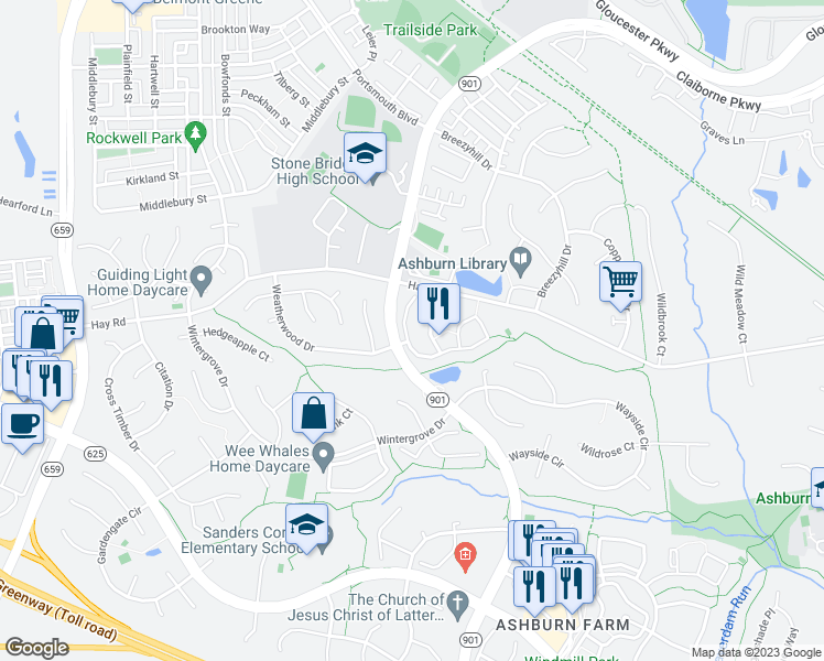 map of restaurants, bars, coffee shops, grocery stores, and more near 43232 Chokeberry Square in Ashburn