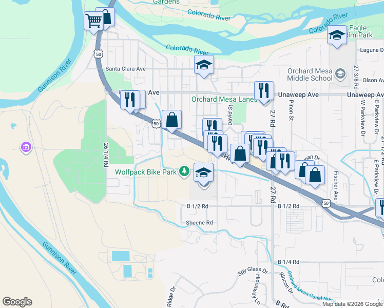 map of restaurants, bars, coffee shops, grocery stores, and more near 2662 Tracy Ann Road in Grand Junction