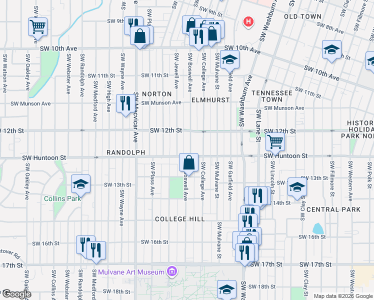 map of restaurants, bars, coffee shops, grocery stores, and more near 1221 Southwest Boswell Avenue in Topeka