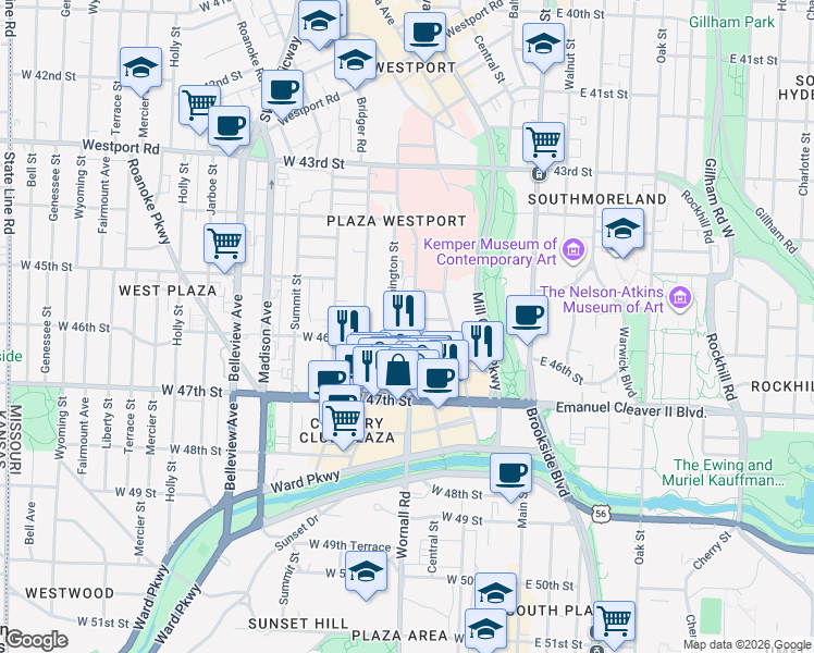 map of restaurants, bars, coffee shops, grocery stores, and more near 4516 Broadway Boulevard in Kansas City