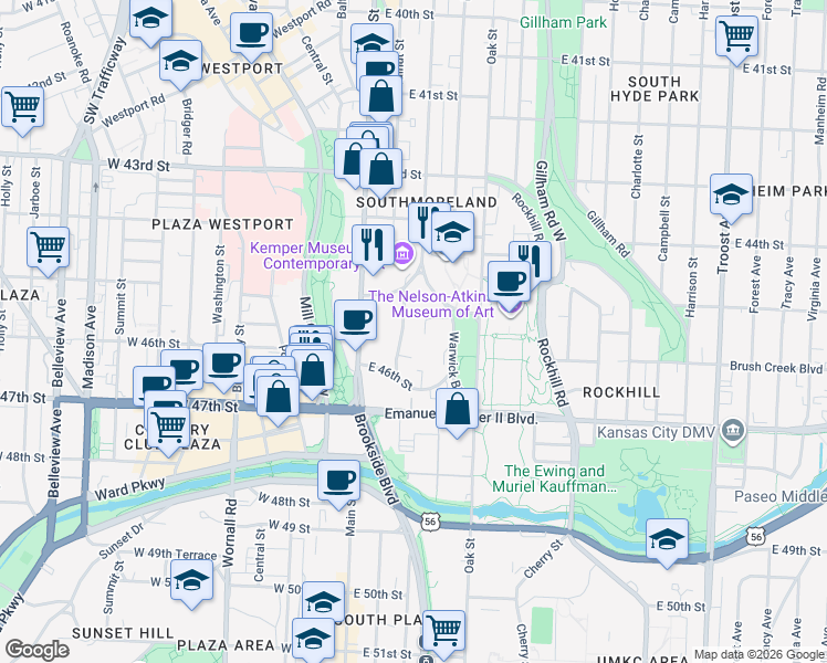 map of restaurants, bars, coffee shops, grocery stores, and more near 4526 Warwick Boulevard in Kansas City