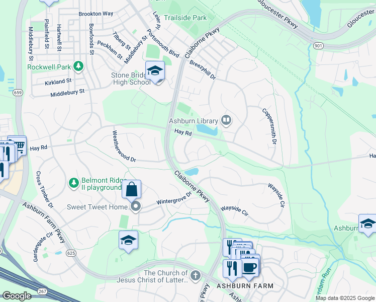 map of restaurants, bars, coffee shops, grocery stores, and more near 20678 Southwind Terrace in Ashburn