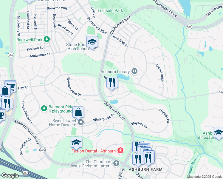 map of restaurants, bars, coffee shops, grocery stores, and more near 20678 Southwind Terrace in Ashburn