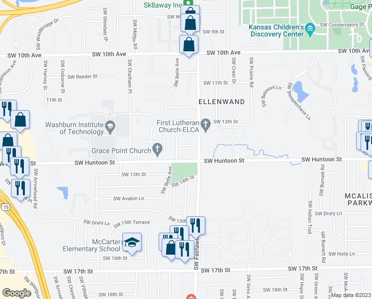 map of restaurants, bars, coffee shops, grocery stores, and more near 5225 Southwest 12th Terrace in Topeka