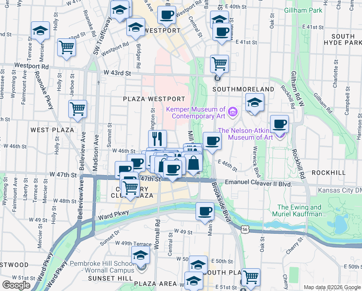 map of restaurants, bars, coffee shops, grocery stores, and more near 300 West 45th Terrace in Kansas City
