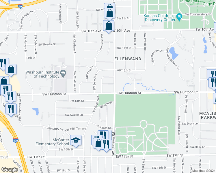 map of restaurants, bars, coffee shops, grocery stores, and more near 5209 Southwest 12th Terrace in Topeka
