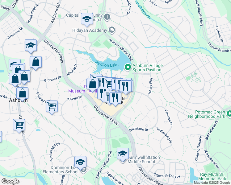 map of restaurants, bars, coffee shops, grocery stores, and more near 44110 Ashburn Shopping Plaza in Ashburn