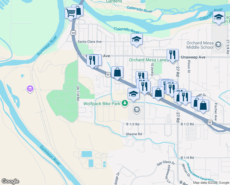 map of restaurants, bars, coffee shops, grocery stores, and more near 2026 Aspen Street in Grand Junction
