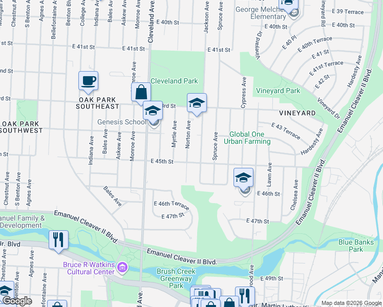 map of restaurants, bars, coffee shops, grocery stores, and more near 4414 Jackson Avenue in Kansas City
