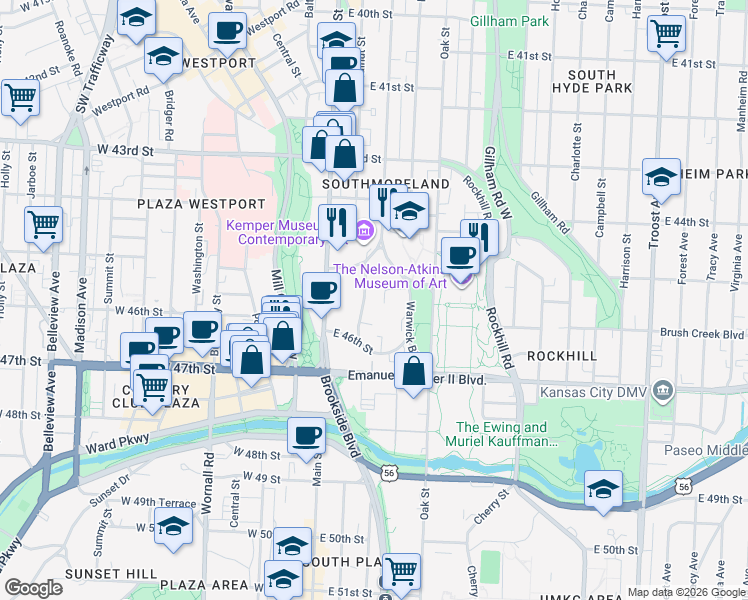 map of restaurants, bars, coffee shops, grocery stores, and more near 4526 Warwick Boulevard in Kansas City