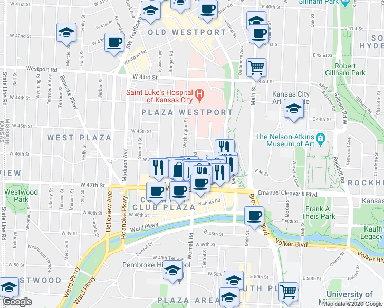 map of restaurants, bars, coffee shops, grocery stores, and more near 4516 Broadway Boulevard in Kansas City