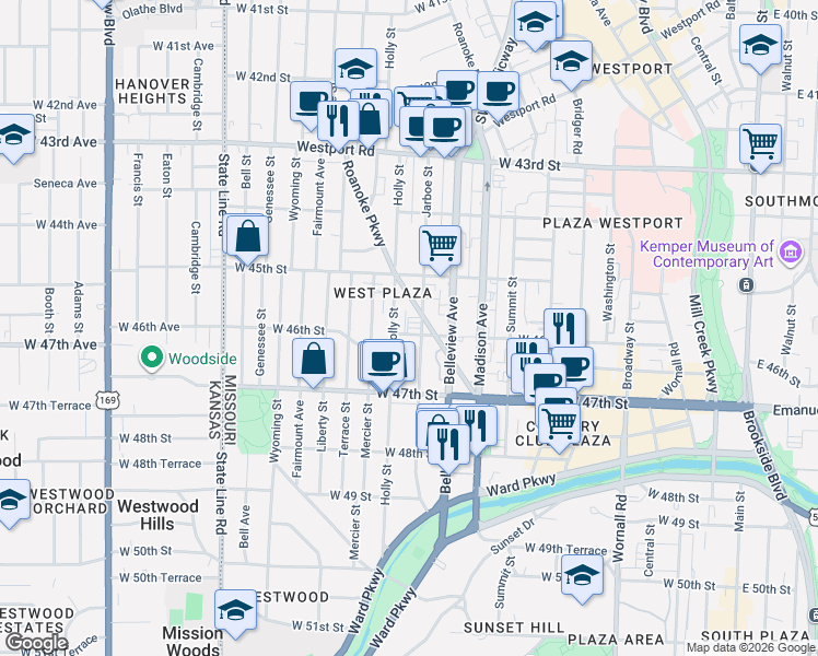 map of restaurants, bars, coffee shops, grocery stores, and more near 4529 Holly Street in Kansas City