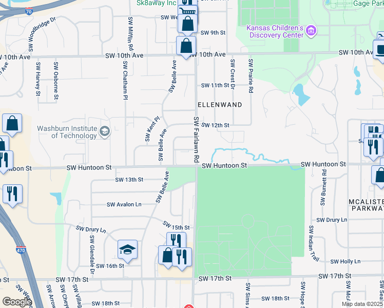 map of restaurants, bars, coffee shops, grocery stores, and more near 5202 Southwest 12th Terrace in Topeka