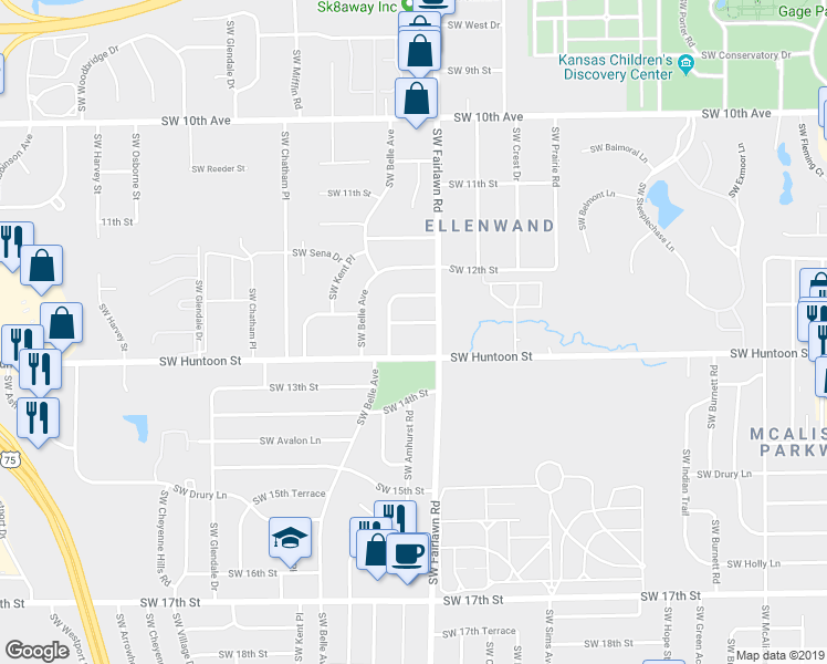 map of restaurants, bars, coffee shops, grocery stores, and more near 5202 Southwest 12th Terrace in Topeka
