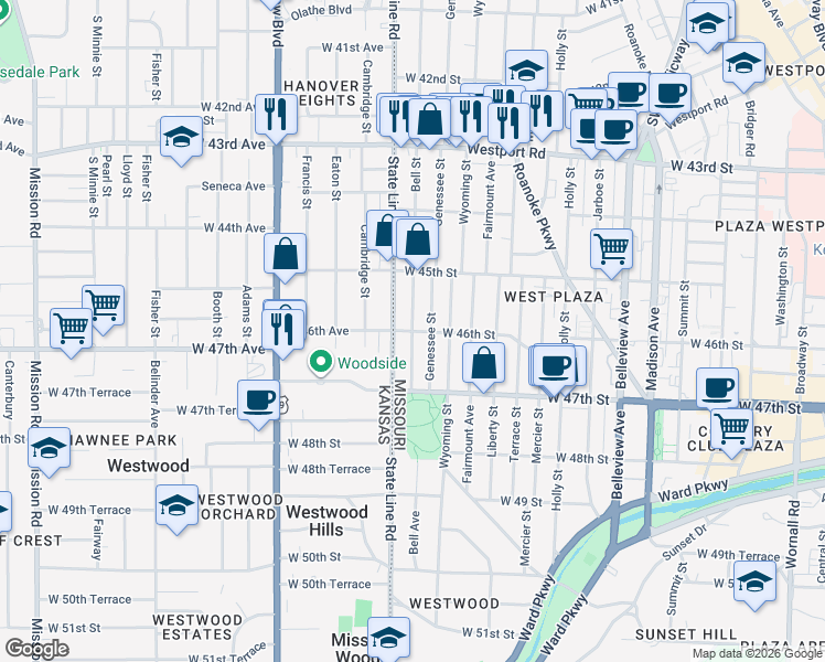 map of restaurants, bars, coffee shops, grocery stores, and more near Bell St & W 46th St in Kansas City