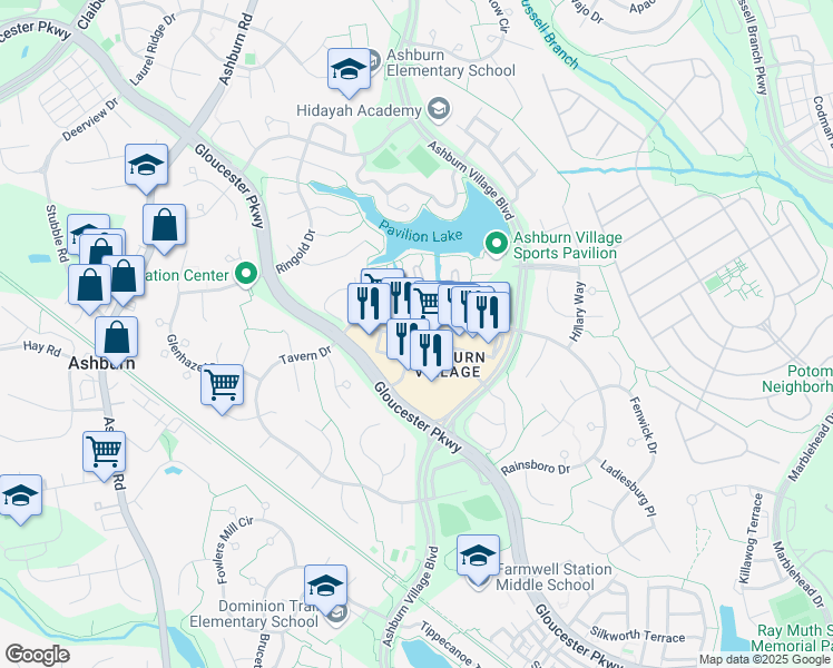 map of restaurants, bars, coffee shops, grocery stores, and more near 44110 Ashburn Shopping Plaza in Ashburn