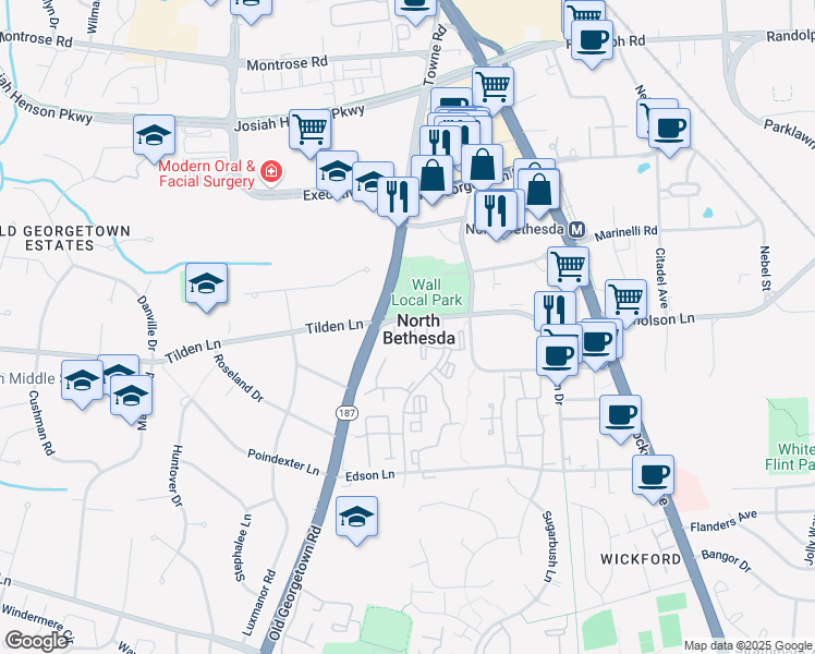 map of restaurants, bars, coffee shops, grocery stores, and more near 5837 Tudor Lane in Rockville